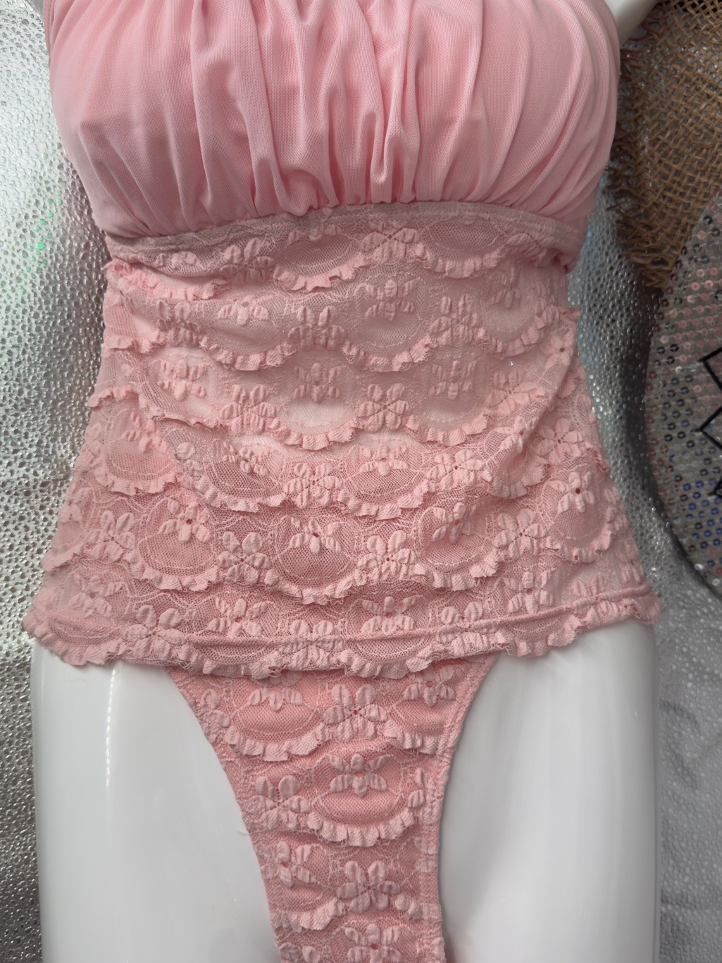Delicate Pink Lace Tankini Set Top And Bottoms Size Large Swimsuit